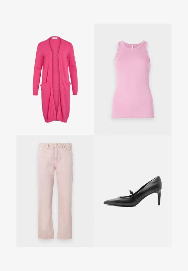 Langer, offen front cardigan in strahlendem Pink. Aus weichem Stoff mit gerippten Bündchen und zwei vorderen Taschen. Lässige, lockere Passform.; Rosa Tanktop mit figurbetontem Design, runder Ausschnitt und gerippter Textur. Keine Muster oder Akzente vorhanden.; Helle rosa Denim-Jeans mit geradem Schnitt, fünf Taschen und Reißverschluss. Enthält Steppdetails und Akzente aus silberfarbenem Metall.; Schwarzer Leder-Pumps mit spitzer Zehenpartie, dünnem Riemen und Schnalle über dem Spann, stehend auf hellem neutralem Hintergrund.
