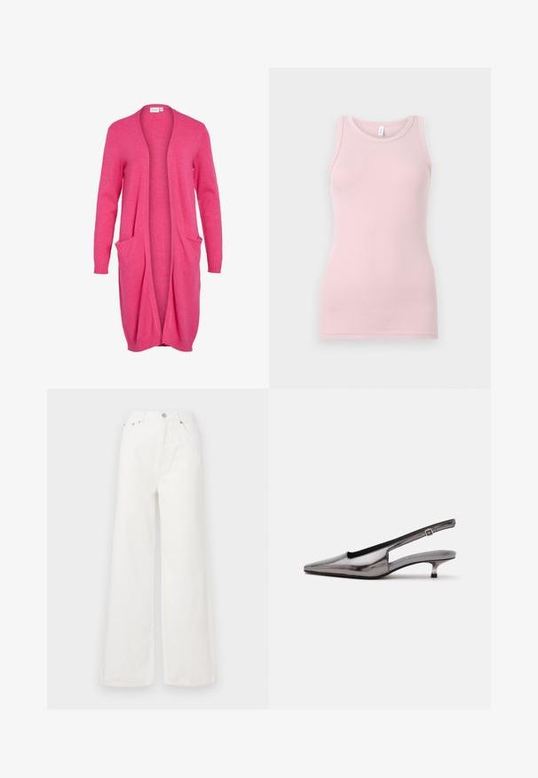 Lang åben cardigan i lys pink. Fremstillet af blødt materiale med ribbede manchetter og to frontlommer. Casual, afslappet pasform.; Lyserød tanktop lavet af blød og strækbar stof. Har en rund halsudskærm og smalle skulderstropper, med en glat tekstur og tætsiddende pasform.; Hvide højtaljede brede jeans lavet af denim. Har frontlommer, knaplukning og afrivede kantdetaljer.; Metalgrå spids slingback-sko med lav kittenhæle og justerbar rem på hvid baggrund.
