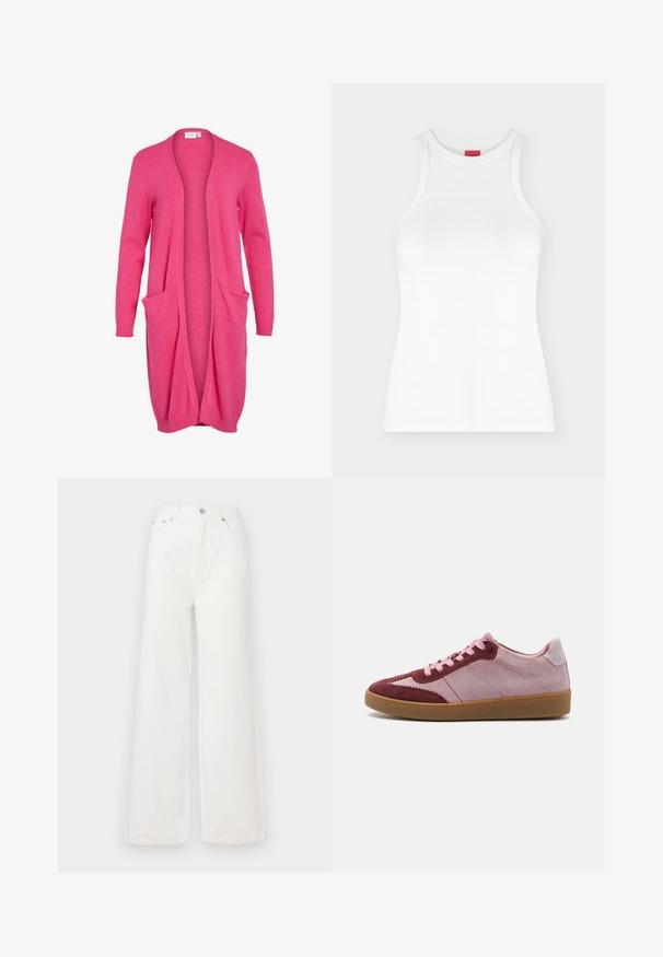 Lang åben cardigan i lys pink. Fremstillet af blødt materiale med ribbede manchetter og to frontlommer. Casual, afslappet pasform.; Hvid ærmeløs ribbet tanktop med høj rund hals og tætsiddende pasform vist på en ensartet lys baggrund.; Hvide højtaljede brede jeans lavet af denim. Har frontlommer, knaplukning og afrivede kantdetaljer.; Suedesneakers med en pink og burgundy farvekombination, snørebåndslukning, syede detaljer og en struktureret gummisål.