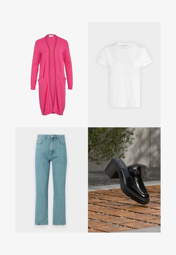 Langer, offen front cardigan in strahlendem Pink. Aus weichem Stoff mit gerippten Bündchen und zwei vorderen Taschen. Lässige, lockere Passform.; Ein schlichtes weißes T-Shirt mit kurzen Ärmeln und Rundhalsausschnitt liegt flach auf einem hellgrauen Hintergrund, zeigt die Vorderseite mit einem Etikett im Halsausschnitt.; Helle blaue, hochgeschnittene Jeans mit geradem Bein. Aus Denim gefertigt, mit Fronttaschen und Knopfverschluss.; Schwarze Leder-Slip-on-Mule von Calvin Klein mit Blockabsatz, die auf Holzfliesen im Freien nahe einer grünen Pflanze und einer grauen Wand ruht.