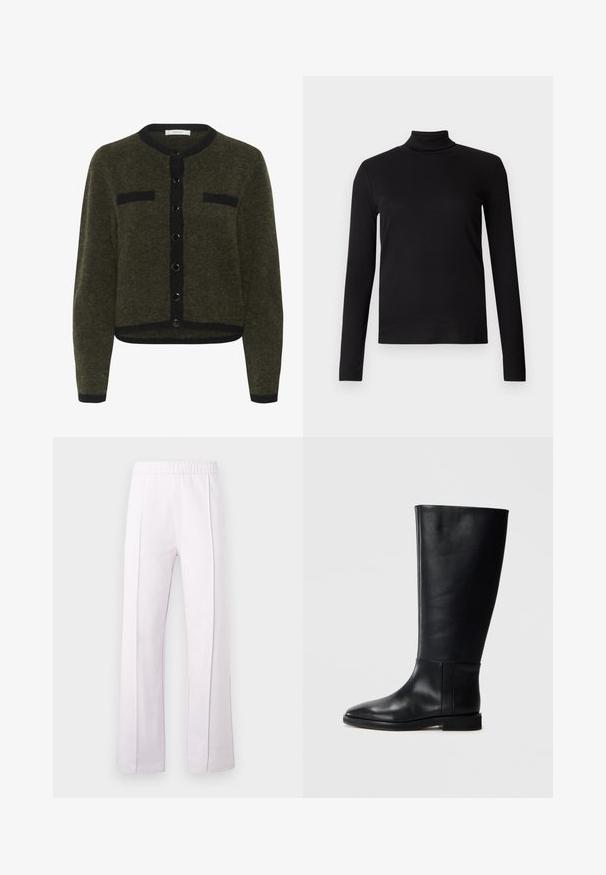 Olive roheline kardigan, mis on valmistatud tekstuurilisest kangast, ümmarguse kaelusega, ees nuppe ja kaks musta plaastritaskut.; Must have pika-öine turtleneck särk, mis on valmistatud pehmest kangast, omades sobivat ja sujuvat tekstuuri. Ilma mustrite ja nähtava riistvarata.; helelilla, lai jalaga püksid elastse vöökohaga ja kahe vertikaalse õmblusega ees. Sile kangas kergelt läikiva pinnaga.; Mustadast mustad nahast põlve kõrgus kingad, ümarate varvastega, siledast tekstuurist, minimalistlikus disainis ja lame tallaga. Lihtsad õmbluse detailid varrel.