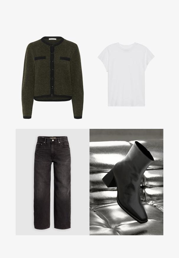 Olivgrüner Cardigan aus strukturiertem Stoff, mit Rundhalsausschnitt, Vorderknöpfen und zwei schwarzen Aufgesetzttaschen.; Weißes kurzärmliges T-Shirt mit Rundhalsausschnitt, lockerer Passform, aus weichem Baumwollstoff. Glatte Textur, keine Muster oder Logos.; Levi's® BAGGY DAD - Baggy Jeans - shrink up; Schwarzer Knöchelstiefel aus glänzendem Material mit quadratischer Zehenform und verjüngtem Absatz, vor einem glänzenden silbernen gepolsterten Hintergrund.