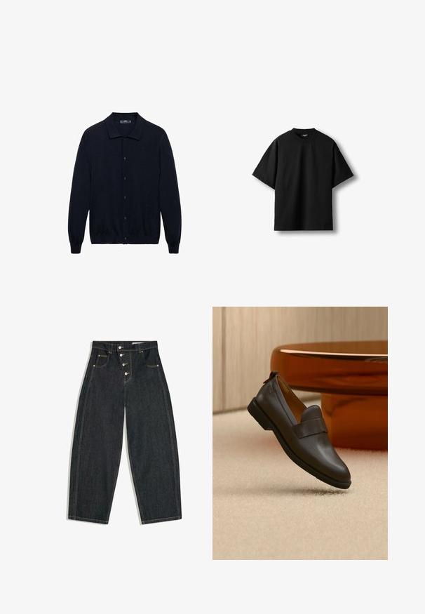 Marineblauwe cardigan van zachte stof met een kraag, lange mouwen en een knoopsluiting aan de voorkant. Eenvoudig ontwerp zonder patronen.; Zwart T-shirt met korte mouwen en ronde hals, met een relaxte pasvorm, plat neergelegd op een witte achtergrond.; Zwart denim spijkerbroek met hoge taille en brede pijpen, voorzien van vier knopen aan de voorkant, voorzakken met klinknagels en contrasterende stiksels.; Donkerbruine leren loafer met een lage hak zwevend boven een beige tapijt, naast een glanzende, afgeronde, amberkleurige tafel.