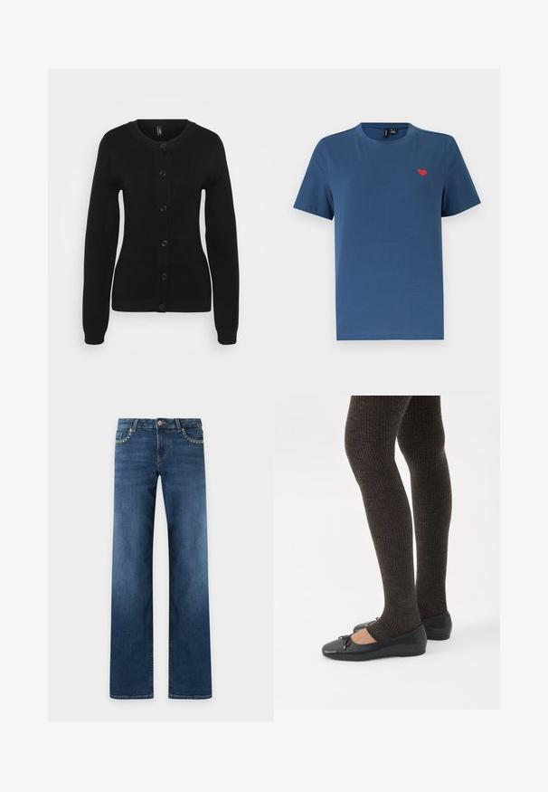 Cardigan noir en tricot. Il présente des manches longues, un col rond, une fermeture à boutons sur le devant et deux poches avant. Texture lisse.; T-shirt bleu à manches courtes et col rond avec un petit emblème en forme de cœur rouge sur le côté gauche de la poitrine, sur un fond blanc uni.; Jean bleu foncé à coupe droite avec cinq poches, fermeture par bouton métal et petits clous argentés le long des bords des poches avant.; Jambes portant des leggings côtelés foncés associés à des ballerines noires avec de petits détails en nœud sur fond blanc.