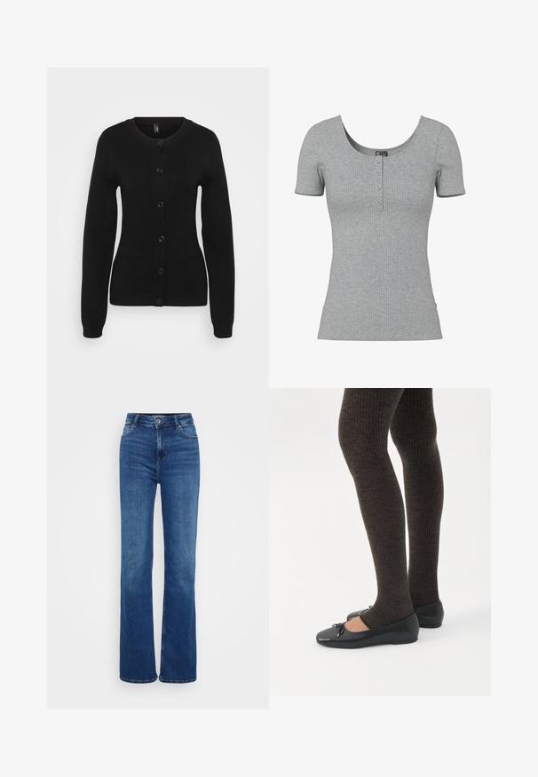 Zwarte cardigan van gebreide stof. Kenmerkt zich door lange mouwen, een ronde hals, een klassieke knoopsluiting aan de voorkant en twee voorzakken. Soepele textuur.; Grijs geribd kort mouw shirt met een ronde halslijn en vier kleine knopen middenvoor.; Hooggetailleerde flared jeans in donkerblauwe denim. Beschikt over vijf zakken, subtiele stiksels en een knoopsluiting. Gladde textuur met een klassieke snit.; Benen met donkere geribbelde leggings gecombineerd met zwarte ballerina's met kleine strikdetails op een witte achtergrond.