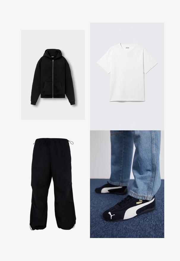 Haut zippé noir en tissu doux, avec une poche avant, une capuche spacieuse et des poignets et un ourlet côtelés. Marquage subtil sur la manche.; T-shirt blanc à manches courtes et col rond, étalé à plat, design uni, avec l'étiquette "WEEKDAY" à l'intérieur du col sur un fond clair.; Pantalons cargo noirs amples avec une taille élastique et un cordon de serrage réglable. Équipés de poches zippées et de bords de cheville.; Baskets en daim noir avec accents blancs, arborant un logo doré. Portées avec un jean en denim bleu clair et posées sur une surface bleue texturée.