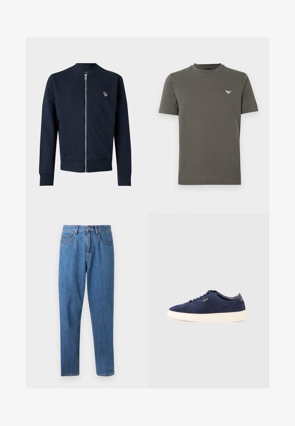 Veste bleu marine zippée avec manches longues, poignets et col côtelés, et un petit logo animalier multicolore brodé sur la poitrine.; T-shirt en coton vert olive avec col rond, manches courtes et petit logo blanc sur la poitrine gauche. Texture lisse, design minimaliste.; Jean droit en denim bleu avec fermeture à boutons et zip, poches avant et passants de ceinture, présenté sur fond blanc.; Baskets en daim bleu marine avec semelle en caoutchouc blanche, bout arrondi, lacets ton sur ton et logo embossé sur le côté. Design profilé avec une texture douce.