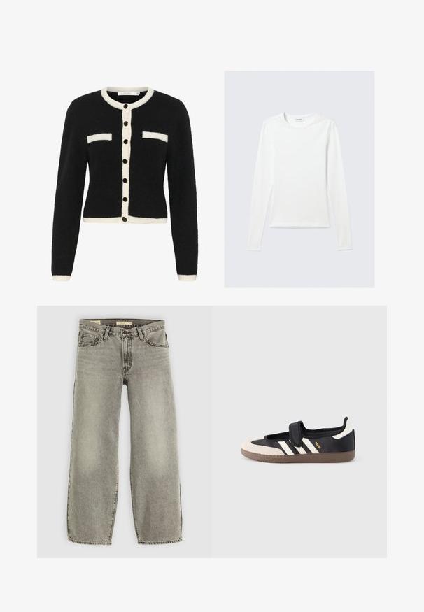 Sort, fuzzy cardigan med en hvid knapstolpe og lommedetaljer. Udstyret med sorte knapper og et cropped design med lange ærmer.; Langærmet, enkel hvid T-shirt med rund halsudskæring og tætsiddende pasform, vist mod en lysegrå baggrund.; Lys grå, bredbenede jeans lavet af denim. Har traditionel fem-lomme stil og let falmning gennem stoffet.; Sort og beige sko med velcrolukning, tre hvide striber på siden og en tekstureret brun gummisål. Mærkelogo er synligt.