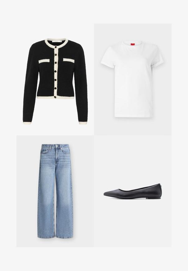 Cardigan noir en peluche avec une patte de boutonnage blanche et des poches décoratives. Doté de boutons noirs, d'un design court et de manches longues.; T-shirt blanc à manches courtes en coton léger. Présente un col rond et des manches retroussées. Étiquette logo rouge sur le col.; Jean bleu clair à jambes larges avec poches avant, passants de ceinture, fermeture par boutons et détails délavés sur les cuisses.; Chaussure plate en cuir noire à bout pointu avec petit talon, vue de profil sur fond blanc.