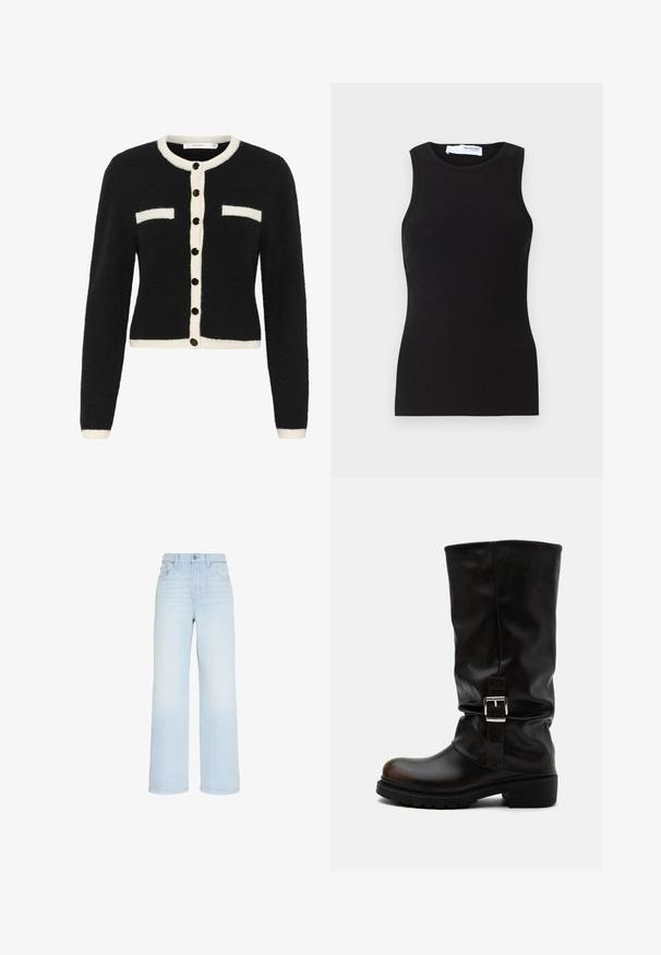 Cardigan noir en peluche avec une patte de boutonnage blanche et des poches décoratives. Doté de boutons noirs, d'un design court et de manches longues.; Débardeur noir à côtes sans manches avec un col rond. Fabriqué à partir d'un tissu extensible, il a une coupe ajustée et une texture lisse.; Jean large taille haute bleu clair avec fermeture boutonnée et zippée devant, passants de ceinture, poches avant et arrière.; Botte haute en cuir noir avec bout arrondi, talon bas, bride à boucle latérale et tige légèrement relâchée sur fond blanc.