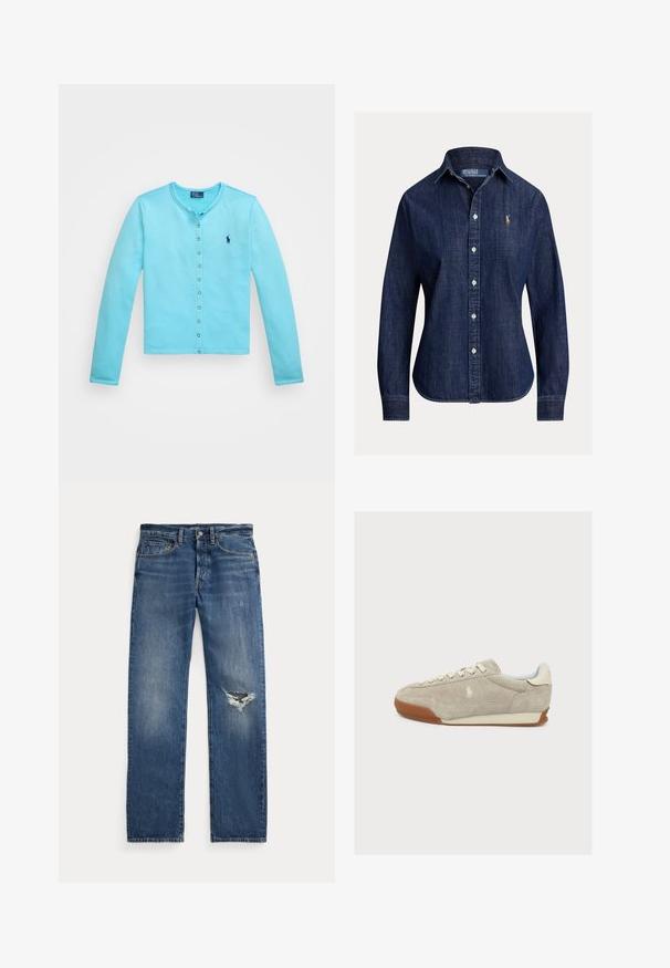Heledad helesin alabjaskardigan, ümmarguse kaelusega, nupuga esiosa ja väikese tikandlogo'ga vasakul rinnal.; Tumesinine denimist pikkade varrukatega nööbitav särk kraega ja Polo Ralph Laureni logo vasakul rinnal tikitud.; Sinine denim-püksid keskmise talje kõrgusega, viie taskuga ja kulunud rebendiga paremas põlves.; Beežist seemisnahast toss valgete paelte, kummitalla ja väikese tikitud logoga küljel, vaadatuna vasakult valgel taustal.