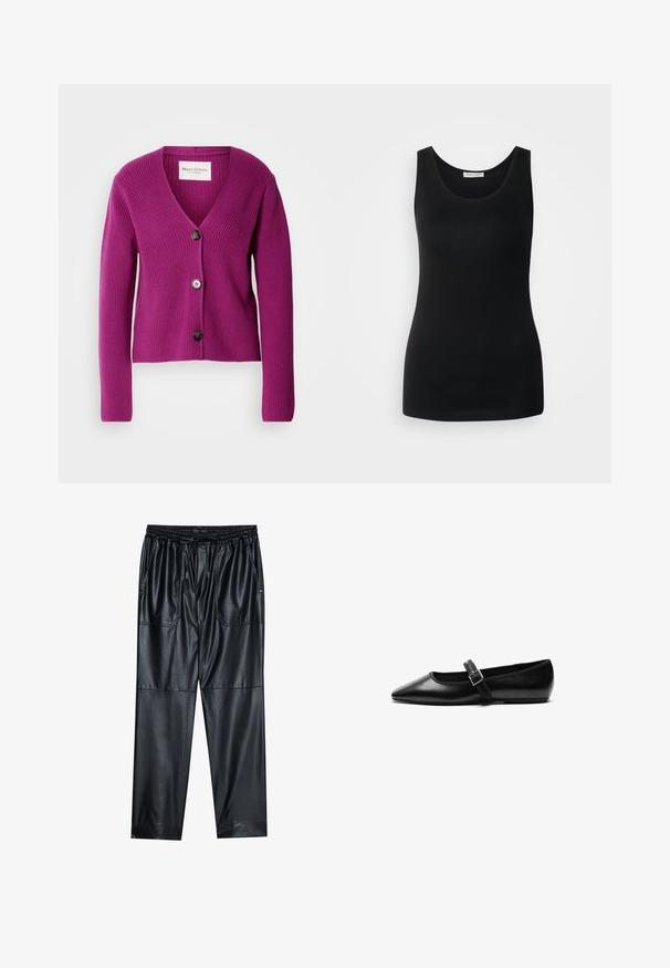 Cardigan lila de canalé con cuello en V, mangas largas y tres botones negros en la parte frontal. Tela texturizada para mayor calidez y detalle.; Camiseta sin mangas negra, hecha de tela suave, presenta un clásico escote redondeado y un diseño ajustado. Sin patrones ni acentos.; Pantalones de imitación cuero negros con cintura elástica, cordón ajustable y dos bolsillos frontales. Presentan un corte holgado y cónico, además de una textura suave.; Zapato plano negro de cuero con punta afilada, correa ajustable con hebilla de metal, textura suave y diseño minimalista.