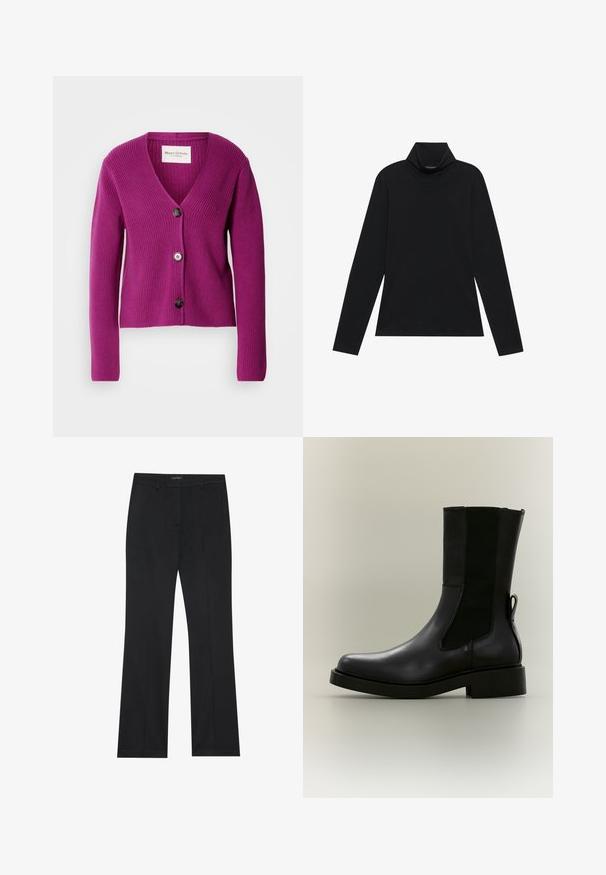 Lila gerippter Cardigan mit V-Ausschnitt, langen Ärmeln und drei schwarzen Knöpfen an der Vorderseite. Strukturiertes Material für zusätzliche Wärme und Details.; Schwarzes langärmeliges Rollkragenshirt. Weicher Stoff, enganliegendes Design, hoher Kragen und seitliche Nähte. Schlichter und vielseitiger Stil, der sich gut für das Layering eignet.; Schwarze Hose mit geradem Schnitt, glatter Stoff und ohne sichtbare Muster. Entworfen mit klassischen Fronttaschen und einem Reißverschluss.; Schwarzer Leder-Stiefelette mit elastischen Seitenteilen, einer Zuglasche hinten und niedrigem Blockabsatz auf einfarbig hellem Hintergrund.