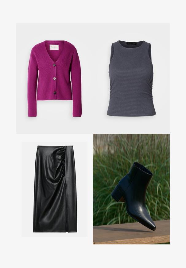 Lila gerippter Cardigan mit V-Ausschnitt, langen Ärmeln und drei schwarzen Knöpfen an der Vorderseite. Strukturiertes Material für zusätzliche Wärme und Details.; Dunkelgraues, ärmelloses Top aus strukturiertem Stoff mit rundem Ausschnitt und Raffungen an den Seiten für eine figurbetonte Passform.; Schwarzer Lederrock mit glatter Textur, der auf einer Seite einen gerafften Abschnitt und einen seitlichen Schlitz für zusätzlichen Detailreichtum aufweist.; Schwarzer Lederankle-Boot mit spitzer Zehenpartie und Blockabsatz, der auf einer Holzoberfläche ruht, im Hintergrund hohes grünes Gras.