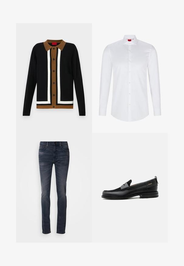 Cardigan noir avec un col brun, présentant un motif à rayures blanches et une fermeture à bouton. Tissu texturé avec des manches longues et un ourlet retroussé.; Chemise blanche à manches longues avec boutons en coton lisse. Présente un col classique, une patte de boutonnage pleine et un ourlet arrondi.; Jean en denim délavé foncé avec une coupe slim, doté d'une fermeture à boutons, de cinq poches, et d'un délavage subtil. Design à jambes droites avec une texture lisse.; Mocassin en cuir noir avec détail de bride grise, talon bas et semelle texturée, marqué "HUGO" en or sur le côté.