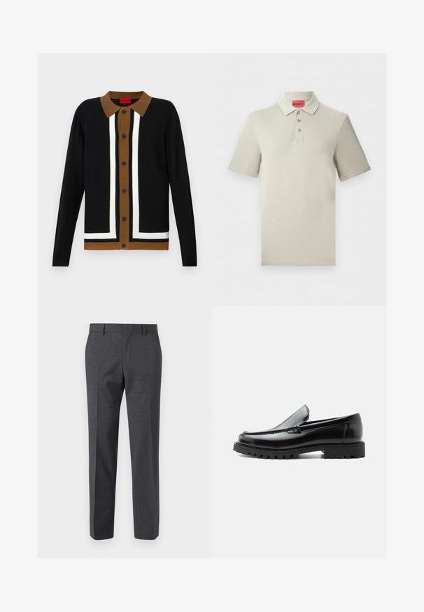 Cardigan noir avec un col brun, présentant un motif à rayures blanches et une fermeture à bouton. Tissu texturé avec des manches longues et un ourlet retroussé.; Polo beige à manches courtes avec trois boutons et un col rabattable, doté d'une étiquette rouge HUGO à l'intérieur du col.; Pantalons tailleur gris avec une finition texturée, devant plat et design à jambe droite. Comprend des poches latérales et des passants de ceinture.; Mocassin en cuir noir avec semelle en caoutchouc épaisse, dessus cousu et nom de marque embossé sur le talon, présenté de profil sur fond blanc.