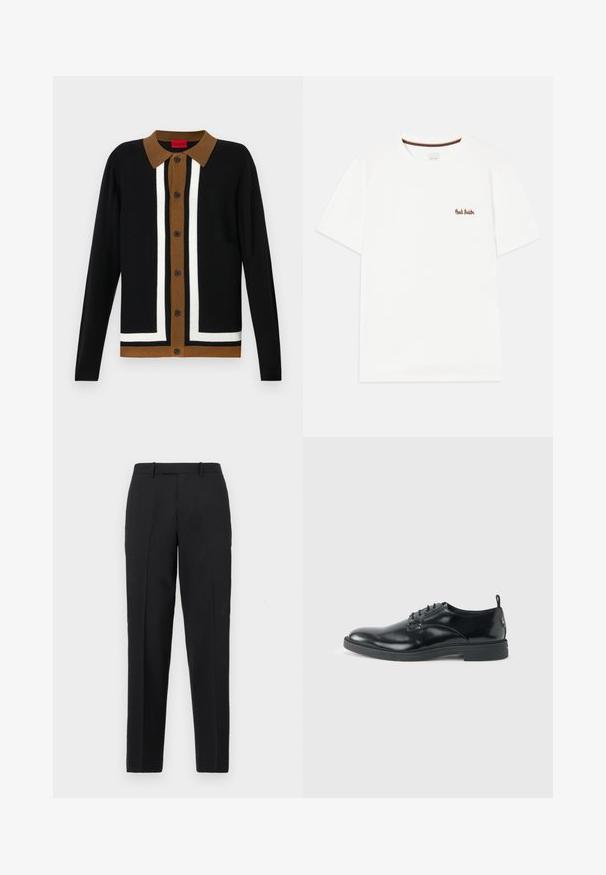 Sort cardigan med en brun krave, der har et hvidt stribet mønster og knaplukning. Tekstureret stof med lange ærmer og kantet kant.; Hvid bomulds t-shirt med korte ærmer, der har et lille flerfarvet broderet logo på venstre bryst og en stribet nakkebånd.; Theory STRAIGHT - Bukser - deep black; Blank sort læder dresssko med lav hæl, snørelukning og rund tå, vist fra siden på ensfarvet lys baggrund.