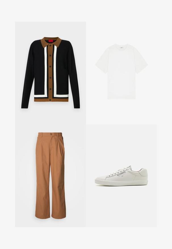 Sort cardigan med en brun krave, der har et hvidt stribet mønster og knaplukning. Tekstureret stof med lange ærmer og kantet kant.; Hvid kortærmet t-shirt lavet af bomuld, med en rund halsudskæring og et diskret logo på brystet, samt en glat overflade.; Bukser med vide ben i et varmt brunt stof, med frontknaplukning, diskrete folder og en lige pasform for en afslappet komfort.; Hvide lædersneakers med et lavt design, tekstureret gummisål og "ALLSAINTS" logo på siden. Standard snørelukning.