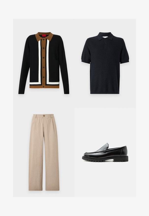 Sort cardigan med en brun krave, der har et hvidt stribet mønster og knaplukning. Tekstureret stof med lange ærmer og kantet kant.; Sort polo t-shirt med et struktureret zigzagmønster, korte ærmer og en krave med to knapper. Lavet af et åndbart stof.; Beige vide bukser med struktureret finish, der har folder og en elastisk talje, fastgjort med en bronze knap foran.; Sort læderloafer med chunky gummisål, syet overdel og præget mærkenavn på hælen, vist i sideprofil på hvid baggrund.