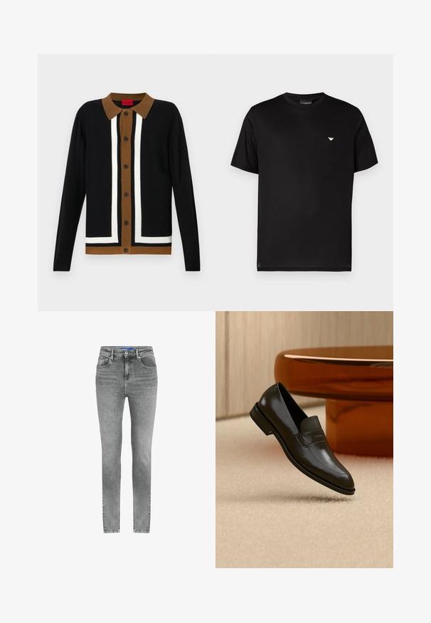 Sort cardigan med en brun krave, der har et hvidt stribet mønster og knaplukning. Tekstureret stof med lange ærmer og kantet kant.; Sort bomuldst-shirt med rund halsudskæring. Har en lille gylden logo på venstre bryst. Korte ærmer og en lige kant.; Grå denim jeans med slim fit, høj talje, fem lommer og knaplukning. Subtil blegning og en glat tekstur forbedrer designet.; Sort læderloafer med et elegant design, der har et struktureret bånd og en glat finish. Placeret mod en blød, lys baggrund.