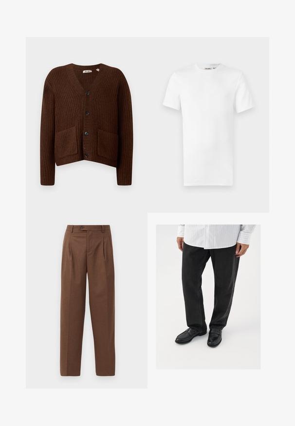 Cardigan brun côtelé avec un décolleté en V, des poches avant et des boutons noirs ; fabriqué en tissu texturé doux dans un design court.; T-shirt blanc uni à manches courtes et col rond, avec une petite étiquette de marque à l'intérieur du col, présenté sur un fond blanc.; Pantalon brun ajusté avec une coupe droite, plis visibles, poches avant et fermeture à un bouton à la taille. Texture lisse.; Pantalons en denim noir associés à des mocassins noirs brillants. La chemise est blanche avec de fines rayures verticales, avec des manches longues et un col boutonné.