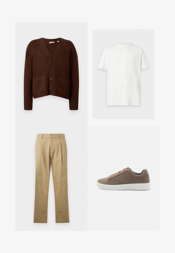 Cardigan brun côtelé avec un décolleté en V, des poches avant et des boutons noirs ; fabriqué en tissu texturé doux dans un design court.; T-shirt blanc à manches courtes avec col rond et coupe décontractée sur un fond uni clair.; Chinos beiges avec une jambe droite, un devant plissé et une fermeture à bouton. Tissu lisse et design de taille standard.; Baskets en daim marron avec des semelles en caoutchouc blanc plat, design lacé, bout rond et texture lisse. Style minimaliste avec des détails de couture subtils.