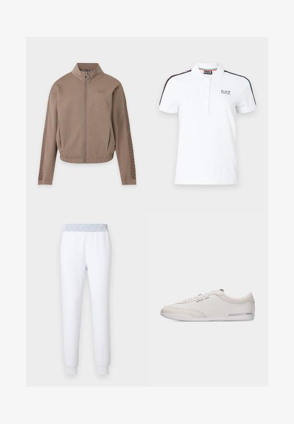 Veste marron zippée avec col montant, taille élastique, poches latérales et rayures à motifs le long des manches, avec le logo EA7 sur la poitrine.; Polo blanc à manches courtes, patte de boutonnage à trois boutons, logo de la marque sur la poitrine, et bandes noires, vertes et rouges sur les épaules.; Pantalon de survêtement blanc avec une ceinture élastique rayée bleue. Coupe fuselée, texture douce et poignets côtelés pour un ajustement confortable.; Baskets basses blanc cassé et beige à lacets, avec des détails en cuir lisse et en daim, arborant un petit logo Michael Kors sur le côté.