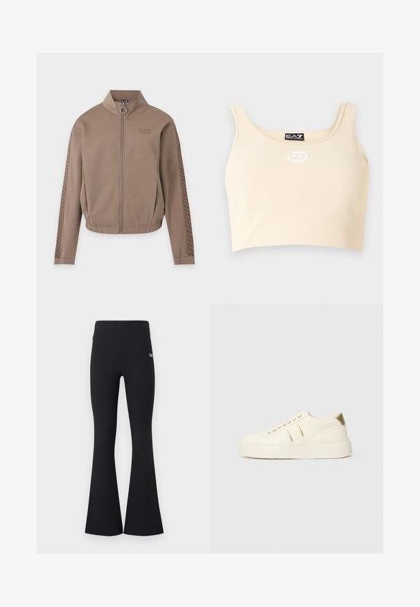 Veste marron zippée avec col montant, taille élastique, poches latérales et rayures à motifs le long des manches, avec le logo EA7 sur la poitrine.; Débardeur court beige côtelé avec larges bretelles et logos EA7 Emporio Armani sur la poitrine et le col intérieur.; Pantalon noir côtelé taille haute évasé avec ceinture élastique et petit logo blanc EA7 sur la cuisse droite supérieure.; Baskets basses de couleur crème avec des accents dorés, des lacets et un marquage « Armani Exchange » en relief sur la semelle et le patch latéral.