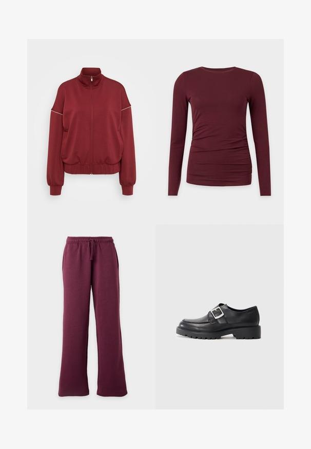 ONLY Tall ONLMILA ZIP LOOSE - Φούτερ με φερμουάρ - cabernet/cloud dancer; Μακρυμάνικο εφαρμοστό πουκάμισο βουργουνδί με ελαφρύ ρίγισμα στη μία πλευρά, στρογγυλή λαιμόκοψη, εμφανίζεται σε λευκό φόντο.; Μπορντό φαρδιά φόρμα με ελαστική μέση και κορδόνι, μπροστινές τσέπες, εμφανίζεται μπροστά από απλό ανοιχτό φόντο.; Μαύρα δερμάτινα παπούτσια με στρογγυλή μύτη, διαθέτοντας λεπτομέρεια με κούμπωμα στο πλάι και χοντρή, ανθεκτική σόλα. Λείος υφής με ελάχιστη ραφή.