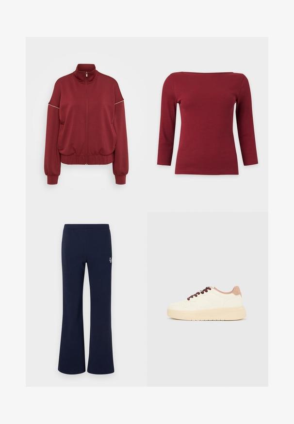 ONLY Tall ONLMILA ZIP LOOSE - Vetoketjullinen college - cabernet/cloud dancer; Yksinkertainen tummanpunainen ribbipintainen pitkähiha-toppi, jossa leveä venepääntie ja vartalonmyötäinen siluetti vaaleanharmaalla taustalla.; Laivastonsiniset suoralahkeiset collegehousut, joissa on joustava vyötärönauha ja pieni valkoinen logo yläreidessä.; Matala-beige tennari, jossa paksu pohja, rei'itetty kärki, vaaleanpunainen kantakaulus ja tummanruskeat nauhat, yksinkertaisella vaaleanharmaalla taustalla.