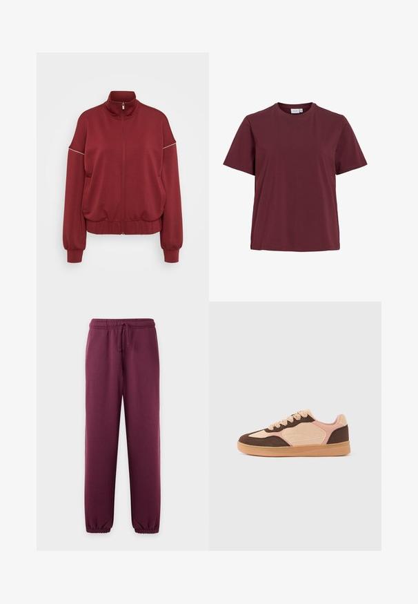 ONLY Tall ONLMILA ZIP LOOSE - Lukuga pusa - cabernet/cloud dancer; Lihtne lühikeste varrukatega ümara kaelusega t-särk ühevärvilises tumedas burgundia toonis, kujutatud valgel taustal ilma mustrite või logodeta.; Tume lilla dressipüksid elastse vöökoha ja nööriga, kitsenevate sääreotste ning elastsete mansettidega pahkluu juures.; Vabaajajalats helebeežide, pehmete roosade ja tumepruunide seemisnahast paneelidega, paeltega sulgemine ja kummist pruunikas tallaga, ühtlase taustaga.