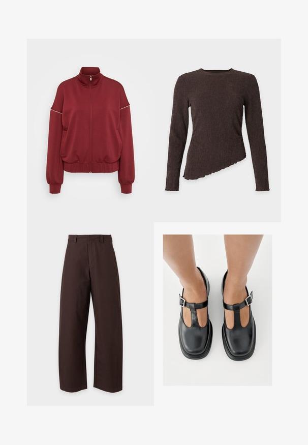 ONLY Tall ONLMILA ZIP LOOSE - Sweater met rits - cabernet/cloud dancer; Donkerbruine geribde top met lange mouwen, ronde halslijn en asymmetrische zoom met gegolfde randen op een effen achtergrond.; Bruine rechte broek met riemlussen en voorsluiting, weergegeven tegen een effen witte achtergrond.; Zwarte leren schoenen met een T-bandontwerp, gesloten teensluiting en zilverkleurige gespdetails. Glad oppervlak met een ronde neus en platte zool.