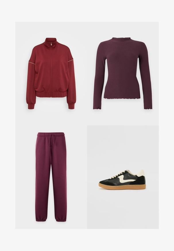 ONLY Tall ONLMILA ZIP LOOSE - Vetoketjullinen college - cabernet/cloud dancer; Pitkähihainen ribbineulottu toppi tumman luumun värissä, jossa hieman rypytetty pyöreä kaulus ja helma, vartalonmyötäinen siluetti.; Tummanvioletit collegehousut, joissa on joustava vyötärönauha ja kiristysnauha, kapenevat lahkeet ja joustavat hihansuut nilkoissa.; Mustat mokka- ja nahkakengät, joissa on kermaisen valkoinen sivupainatus ja vaalea kermaisine kantapää. Varustettu beigeillä nauhoilla ja kumista valmistetulla ulkopohjalla.