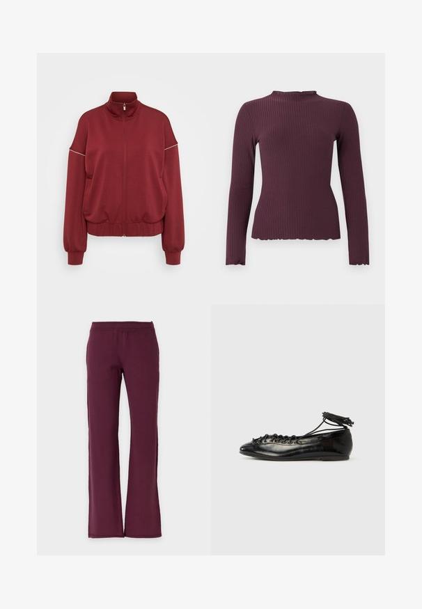 ONLY Tall ONLMILA ZIP LOOSE - Sweater met rits - cabernet/cloud dancer; Top met lange mouwen van geribbelde stof in donker pruimkleur met een licht geplooide ronde halslijn en zoom, aangesloten silhouet.; Rechte broek in effen donker bordeaux met elastische tailleband, gemaakt van zachte stof.; Zwarte ballerina's van lakleer met een afgeronde neus, veterdesign en een platte zool. Glad oppervlak met minimale details.
