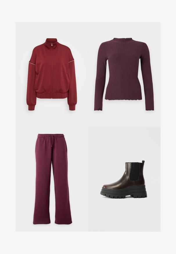ONLY Tall ONLMILA ZIP LOOSE - Sweater met rits - cabernet/cloud dancer; Top met lange mouwen van geribbelde stof in donker pruimkleur met een licht geplooide ronde halslijn en zoom, aangesloten silhouet.; Bordeauxrode wijde sweatpants met elastische tailleband en trekskoord, voorzakken, weergegeven tegen een effen lichte achtergrond.; Leren enkellaars in bruin met elastische zijpanelen, stevige zwarte plateauzool en trekhaak. Beschikt over een gladde afwerking en een robuuste profiel.