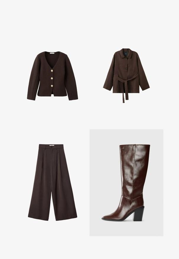 Cardigan à manches longues de couleur brun foncé, texturé, avec col en V et trois boutons décoratifs dorés sur le devant.; Veste marron foncé à manches longues avec col, deux boutons et une ceinture assortie en tissu nouée à la taille.; Pantalon à jambes larges en tissu brun foncé, avec des plis, une fermeture par bouton, et une texture lisse ; longueur cheville avec une coupe ajustée.; Botte haute en cuir marron foncé avec un bout pointu et un talon empilé, présentée de côté sur un fond uni.