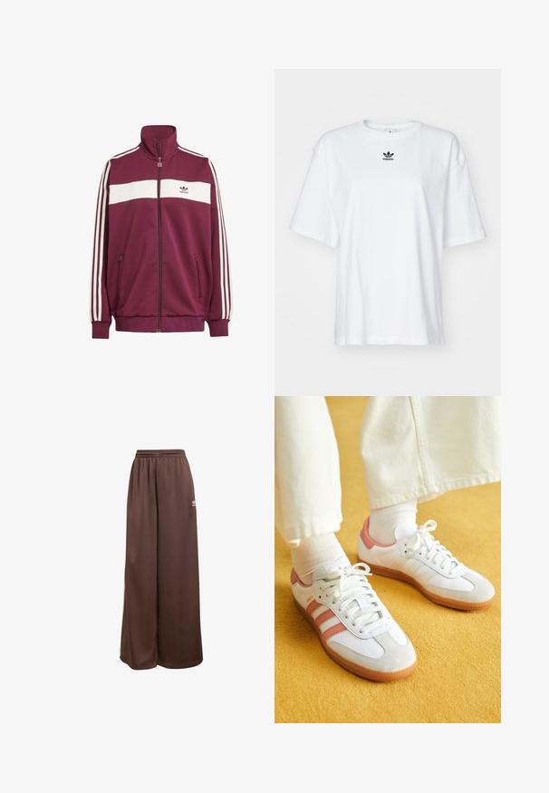 Bordeaux zipjakke med hvid vandret stribe og tre hvide sidelister. Har en høj krave og to lynlåslommer på siden.; Hvid kortærmet t-shirt lavet af bomuld. Har en rund halsudskæring og et lille sort Adidas-logo på brystet. Lige skåret kant.; adidas Originals Træningsbukser - auburn cream white; Hvide sportsko med lyserøde accenter, lavet af ruskind og læder, rund tå og gummisål, vist med lyse sokker på en gul baggrund.