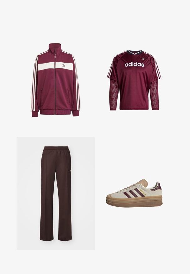 Bordeaux zipová bunda s bielym horizontálnym pruhom a tromi bielymi bočnými pruhmi. Má vysoký golier a dve bočné vrecká so zipsom.; Vínovočervené tričko Adidas s dlhým rukávom a sieťovinovými rukávmi, biele logo a pruhy na pleciach, čierno-biely golier, pohľad spredu.; Hnedé športové nohavice s elastickým pásom, dvoma bočnými vreckami a malým logom na ľavej strane, vyrobené z mäkkej látky.; Béžové semišové tenisky s vínovými pruhmi, bielymi akcentmi, masívnou priehľadnou podrážkou a vystúpeným logom na boku. Šnurovací dizajn.