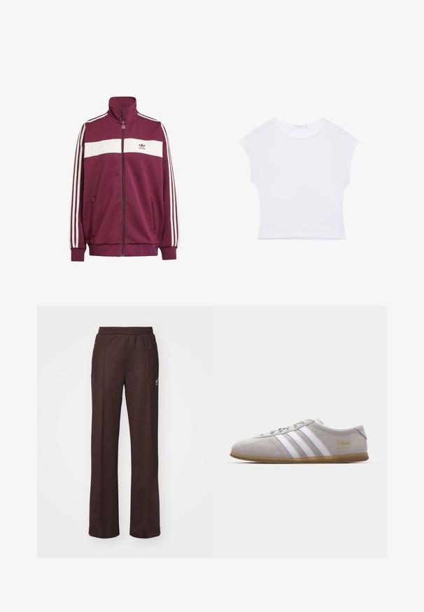 Bordeaux zipjakke med hvid vandret stribe og tre hvide sidelister. Har en høj krave og to lynlåslommer på siden.; Hvid kortærmet cropped T-shirt med rund halsudskæring, lavet af glat stof, lagt fladt på en hvid baggrund.; Brune træningsbukser med elastisk talje, to sidelommer og et lille logo på venstre side, lavet af et blødt stof.; Grå suedestøvle med hvide læderstriber og guldlogo-detalje. Flad gummisål, rund tå og klassisk snølukkedesign.
