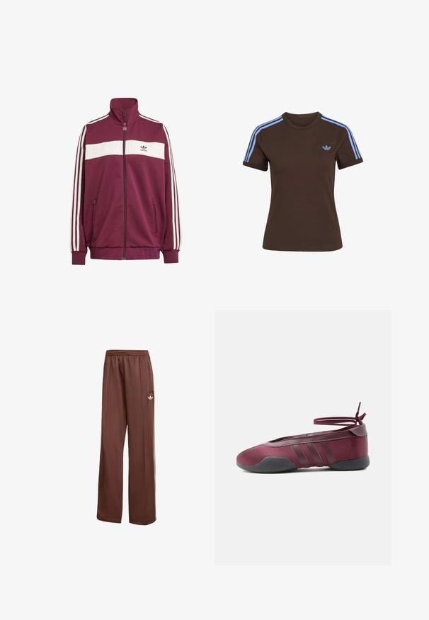 Bordeaux zipjakke med hvid vandret stribe og tre hvide sidelister. Har en høj krave og to lynlåslommer på siden.; Brun T-shirt med korte ærmer med lyseblå tre striber på skuldrene og lille lyseblåt Adidas-logo på venstre bryst.; Brune sportsbukser med en afslappet pasform. Lavet af glat stof, med sidelommer, hvide striber og et lille hvidt logo på låret.; Burgunderfarvet balletsko med sort sål, elastiske ankelstropper bundet i sløjfe og syninger på siderne, vist fra ydersiden.
