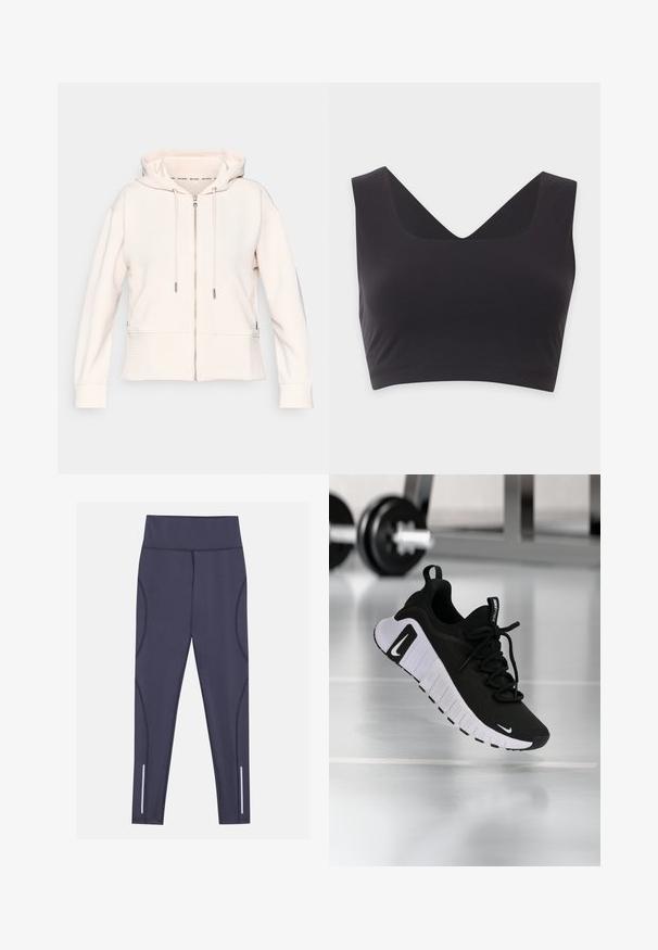 Lys pink zip-up hoodie med en subtil ribbet tekstur, justerbare snore og sidelommer. Blødt stof, afslappet pasform og hætte-design.; Sort ærmeløs crop top med brede stropper og dyb V-hals på en ensfarvet lys baggrund.; Marineblå sportsleggings med høj talje, flade sømme og reflekterende detaljer på underbenene. Fremstillet af et letvægts, strækbart stof.; Sort atletiksko med en tekstureret stofoverdel, hvid sål og fremtrædende snøresystem. Indeholder en Nike-logo og et blødt, polstret design.