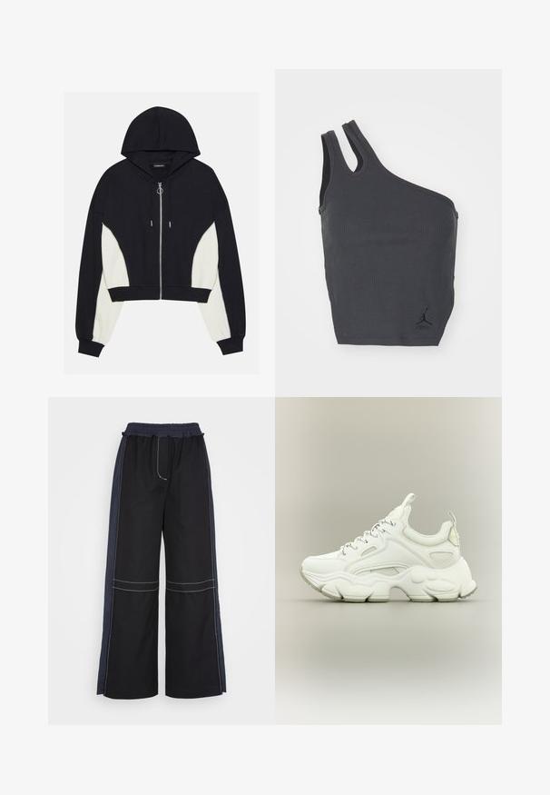 Haut en crop noir et blanc avec fermeture éclair sur le devant, capuche et panneaux latéraux contrastants. Caractéristiques en métal argenté et poignets et ourlet côtelés.; Débardeur noir à côtes avec un design asymétrique unique, présentant une large bretelle d'un côté et une étroite de l'autre, incluant un petit logo au bas.; 3.1 Phillip Lim COMBO UTILITY PANT - Pantalon classique - black eclipse; Baskets blanches épaisses avec semelle épaisse texturée, dessus en mesh et cuir, fermeture à lacets et languettes sur la languette et le talon.