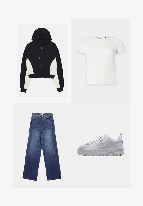 Sort og hvid cropped hoodie med en frontlynlås, hætte og kontrasterende sidepaneler. Har sølvfarvet hardware samt ribbet manchetter og kant.; Hvid kortærmet ribstrikket t-shirt med rund halsudskæring, vist på en ensartet lys grå baggrund.; Vidbenede denimjeans i mørkeblå, med høj talje, tydelige falmninger foran og klassisk femlomme-design.; Hvide platform sneakers med en glat læderoverdel, polstret krave, grå gummisål og gyldne detaljer med Puma-logoet.