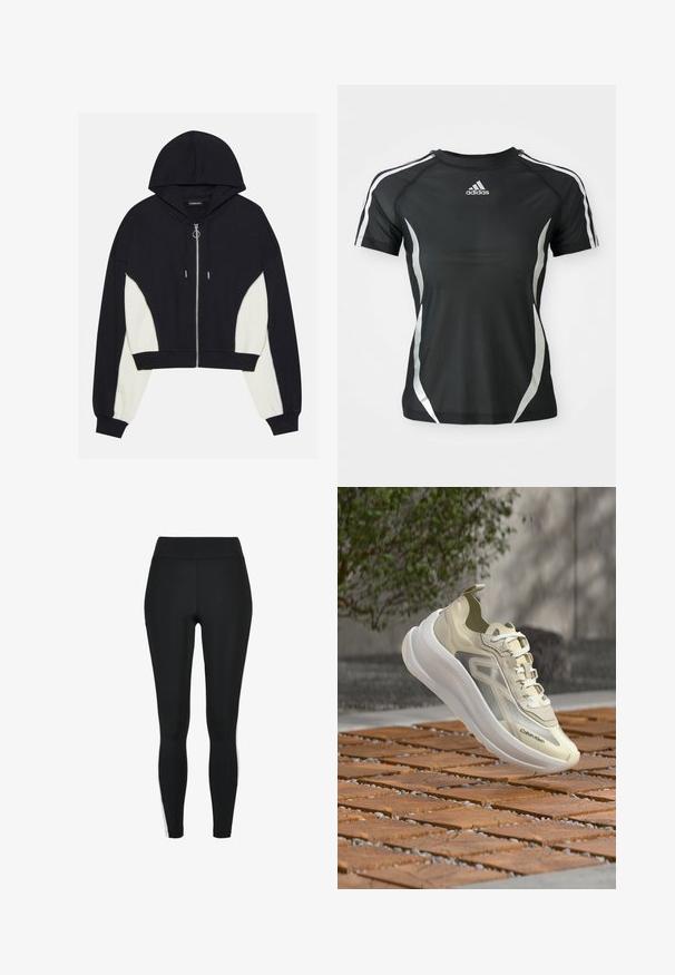 Haut en crop noir et blanc avec fermeture éclair sur le devant, capuche et panneaux latéraux contrastants. Caractéristiques en métal argenté et poignets et ourlet côtelés.; T-shirt de sport à manches courtes noir Adidas avec des rayures blanches sur les épaules et des accents courbés argentés sur les côtés.; Leggings noirs avec une taille haute, dotés de bandes blanches sur les côtés, fabriqués dans un tissu extensible pour le confort et la flexibilité.; Baskets Calvin Klein beige et blanches flottant au-dessus d'un sol en carrelage en bois en extérieur, avec un arrière-plan flou comprenant de la verdure et un mur.