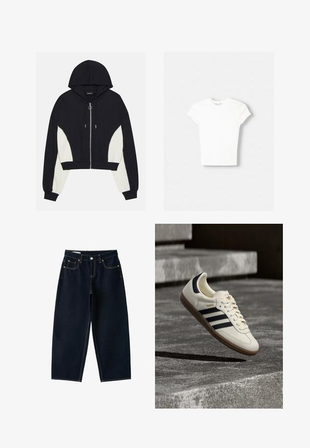 Haut en crop noir et blanc avec fermeture éclair sur le devant, capuche et panneaux latéraux contrastants. Caractéristiques en métal argenté et poignets et ourlet côtelés.; T-shirt blanc à manches courtes en coton doux, avec un col rond et une coupe ajustée. Pas de motifs ni d'ornements visibles.; Jean bleu foncé à jambes larges, taille haute, bouton sur le devant, fermeture éclair et cinq poches avec coutures apparentes.; Baskets blanches Adidas Samba avec des bandes noires et une semelle en gomme, flottant au-dessus de marches en béton gris texturé.