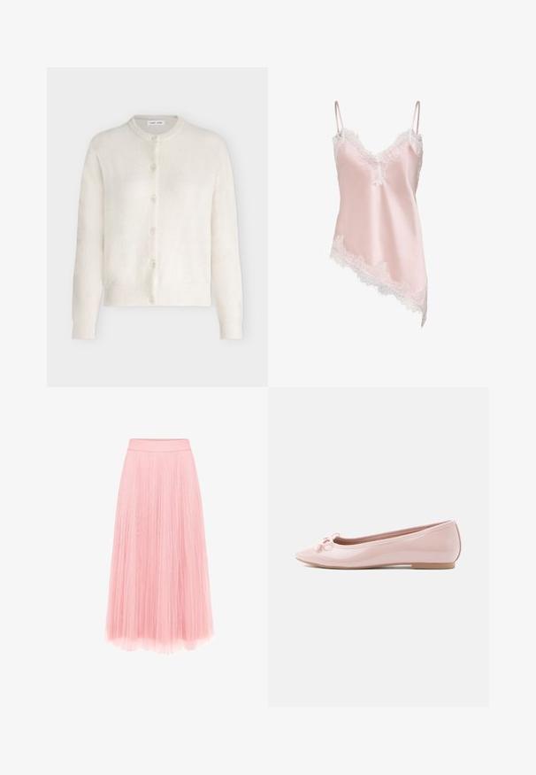 Cardigan pour femmes de couleur crème avec boutons, manches longues et poignets et ourlet côtelés.; Caraco en satin rose clair avec bordure en dentelle blanche le long du décolleté en V, de l'ourlet et fines bretelles réglables, avec un ourlet asymétrique.; zero MIT PLIESSENDEM BECHER - Jupe plissée - bridal rose; Ballerine rose en cuir verni avec un bout pointu et un nœud décoratif à l'avant. Elle présente une semelle plate et un design sans coutures.