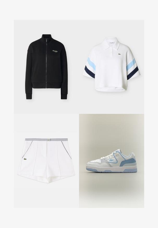 Veste noire zippée avec col montant, manches longues, poignets et ourlet côtelés, et petit logo "Levi's" blanc et vert sur la poitrine gauche.; Polo blanc court avec des rayures bleu clair et bleu marine sur les manches et un petit logo crocodile vert sur la poitrine.; Short blanc sur mesure avec coutures verticales, ceinture rayée, poches avant avec passepoil noir et petit logo crocodile vert sur le côté gauche.; Basket Lacoste blanche et bleu clair avec lacets, bout perforé et logo sur le côté, montrée de profil sur un fond neutre.