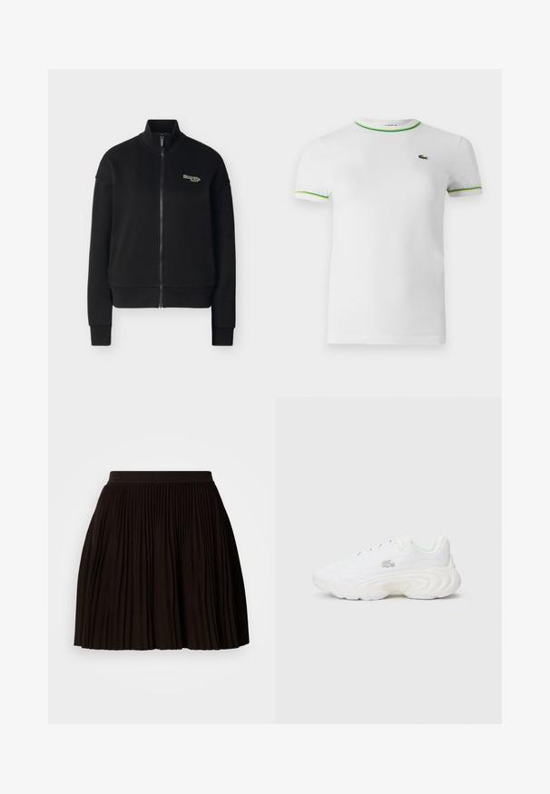 Veste noire zippée avec col montant, manches longues, poignets et ourlet côtelés, et petit logo "Levi's" blanc et vert sur la poitrine gauche.; T-shirt en coton blanc avec des manches courtes, un col rond et des accents ribbed verts et jaunes au col et aux bords des manches. Logo Lacoste sur la poitrine.; Jupe plissée noire avec une surface texturée, dotée d'une large ceinture élastique. Le design présente des plis verticaux pour un look structuré.; Baskets blanches avec une tige texturée, un design de semelle prononcé, un système de laçage et un petit détail de logo. Construction lisse et légère.