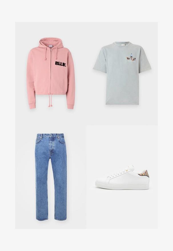 Φωτεινό ροζ cropped hoodie με μπροστινό φερμουάρ, κορδόνι και δύο μπροστινές τσέπες. Διαθέτει μαύρη φουντωτή επιγραφή "BLUE" και κρυστάλλους.; Ελαφρύ μπλε βαμβακερό μπλουζάκι με κοντά μανίκια και στρογγυλή λαιμόκοψη, που διαθέτει γραφικό σχέδιο ενός ατόμου που περπατάει σκύλους στο μπροστινό μέρος.; Won Hundred STEVE - Τζιν χαλαρής εφαρμογής - cut blue; Λευκό δερμάτινο παπούτσι με λείο φινίρισμα, που διαθέτει πολύχρωμη ριγέ λεπτομέρεια στη φτέρνα, χρυσό μεταλλικό στοιχείο και επίπεδη λευκή σόλα.