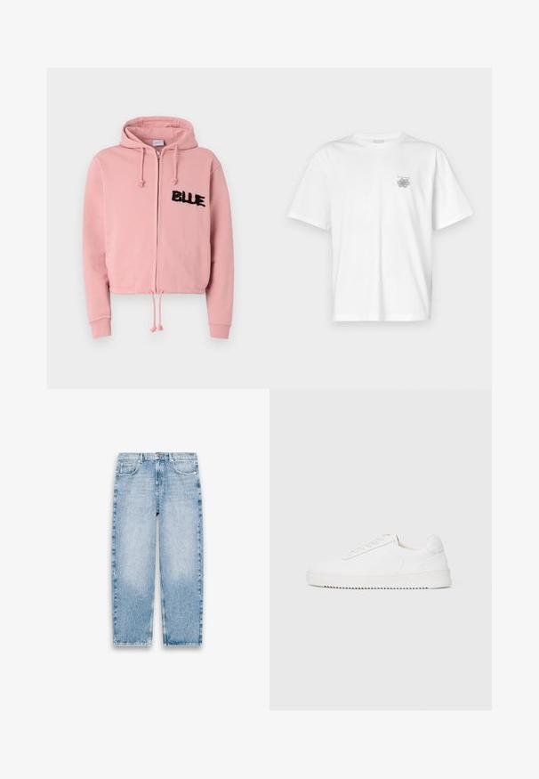 Sudadera corta de color rosa claro con cremallera delantera, cordón y dos bolsillos frontales. Presenta letras en negro de peluche que dicen "BLUE" y tachuelas.; Camiseta blanca de algodón con mangas cortas, cuello redondo y un pequeño logo gris en el lado izquierdo del pecho. Textura suave.; Vaqueros de mezclilla azul claro de pierna recta con cinco bolsillos, trabillas para cinturón y cierre frontal de botón y cremallera sobre un fondo blanco.; Zapatilla blanca con parte superior de cuero suave, puntera redondeada, cordones, acentos laterales texturizados y suela de goma gruesa. Diseño minimalista.